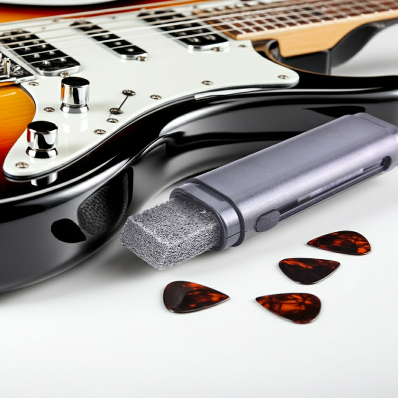 Stylo nettoyeur antirouille pour cordes de guitare poser sur une table a cote de la guitare electrique