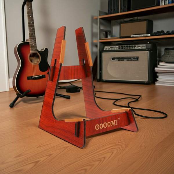 Support guitare bois démontable poser dans une chambre sur le sol au devant d'un guitare
